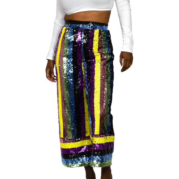 Fashion Nova Sequin Pant Rainbow Stripe Multicolor Cropped Wide Colorblock Small - Picture 16 of 16